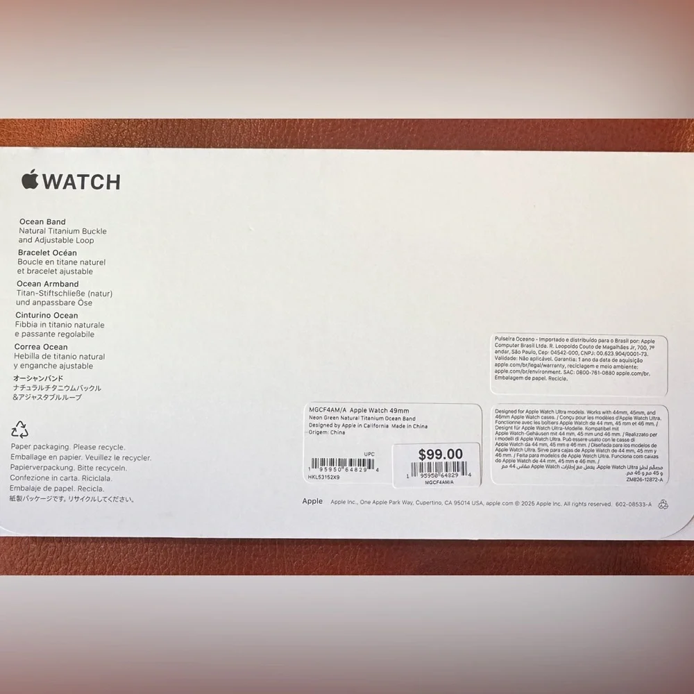 Apple Watch 49mm Natural Titanium Neon Green Ocean Band f/Ultra 2, OpenBox, NEW